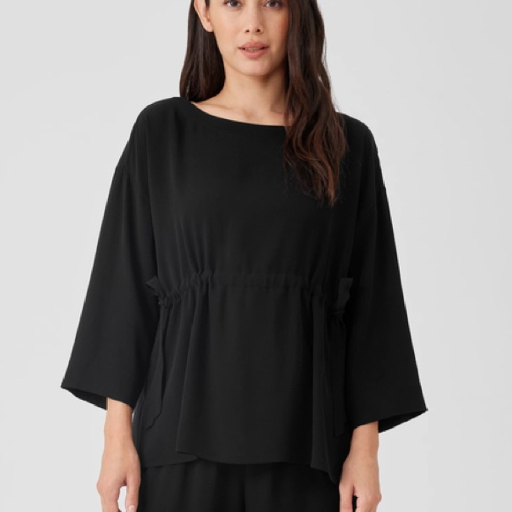 Eileen Fisher Women’s Black Silk Georgette Crepe Top 3/4 Sleeve Drawstring XXS